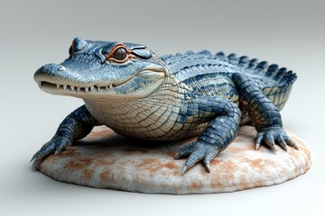 Naklejka premium Realistic depiction of a crocodile resting on a rocky surface in a neutral setting with detailed textures and colors