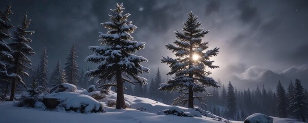 Obraz premium Snow-covered pine tree with a glowing star at the top , glowing star, pine tree