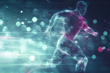 A man is running in a futuristic world with a blue background