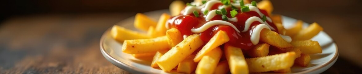 A plate of fries smothered in ketchup and mayonnaise sauce, sauce, toppings, covered