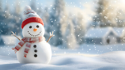 Obraz premium A panoramic view of a cheerful snowman in a winter landscape with room for text.
