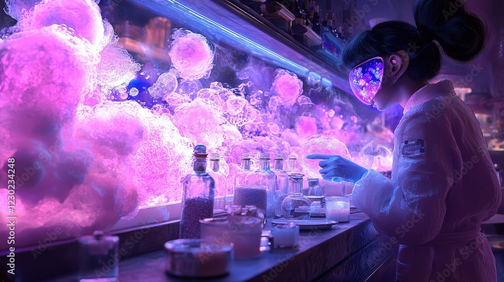 Poster scientist in futuristic laboratory with colorful bubbles and experimentation vibes