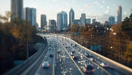 A highway with tall buildings in the background, cars driving on it, and data points flowing