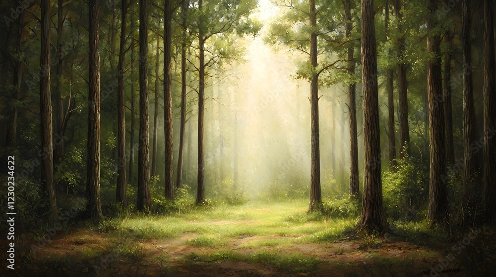 Poster enchanting forest path winding through a lush verdant landscape with sunbeams filtering through the 