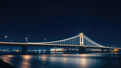 Obraz premium Long exposure of bridge with Christmas lights against a dark blue sky at night, , bridges