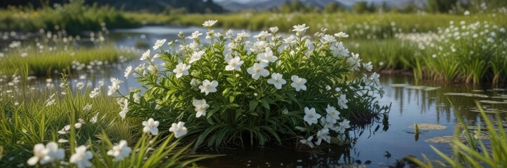 Low growing shrub with white flowers in a wetland , wildflowers, wetland, shrub