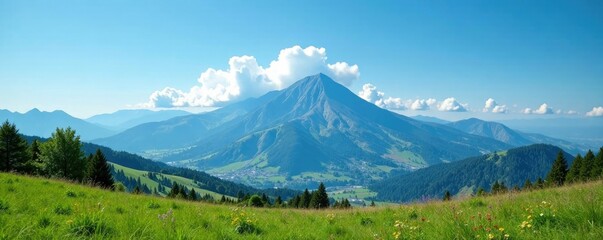 Low lying wispy cloud hiding behind a mountain range in the distance with a clear blue summer sky above, lying, vast, hiding