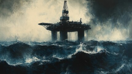 Fototapeta premium Oil rig endures stormy ocean waves.