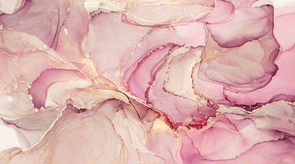 Soft pink and golden abstract liquid ink painting background.