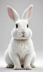 Fototapeta premium Snowy white rabbit in a cute pose on a white background, pet, playful, bunny, pose, winter