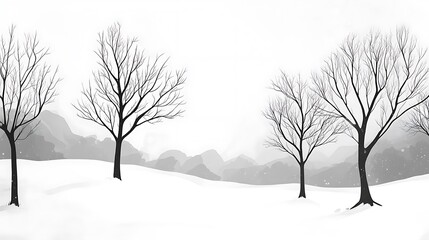 Fototapeta premium Winter scene with bare trees, snow, misty mountain views