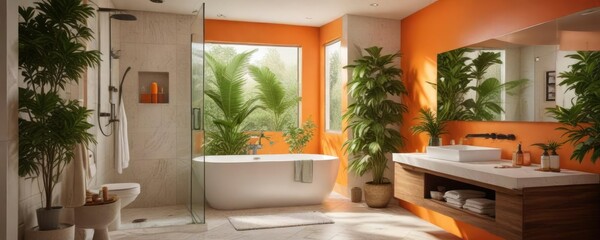 Lush greenery and vibrant orange hues in the bathroom, orange accents, , greenery