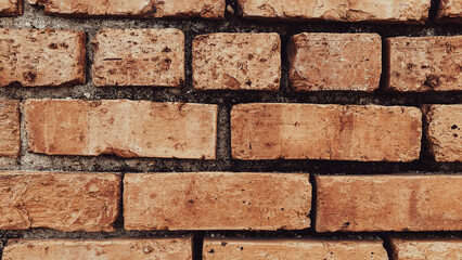 Fototapeta premium a close-up view of a weathered old brick wall reveals aged textures, faded colors, and intricate cracks, showcasing the beauty of time’s impact on its surface and creating a rustic, timeless charm