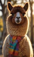 Obraz premium Soft and Warm Glow of an Alpaca in the Fading Light with a Colorful Scarf, calm, soft glow, relaxed