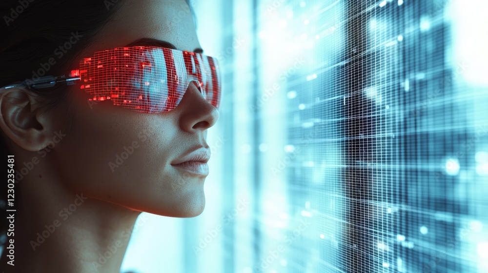 Poster futuristic female with digital glasses observing technology and data streams in a modern setting of 