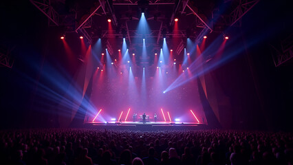 Vibrant Concert Stage: Energetic Musical Performance with Pink and Blue Lighting and Confetti