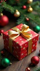 Colorful gift box wrapped with golden ribbon amidst Christmas decorations, gift, ribbons