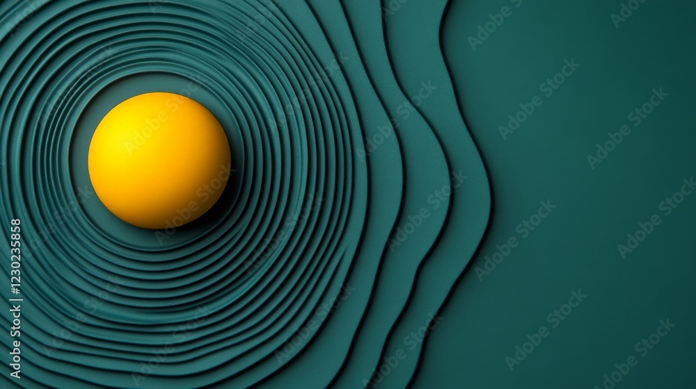 Poster yellow sphere in teal concentric circles: a vibrant yellow sphere rests serenely within concentric t