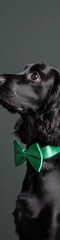 Chic St. Patricks Day Elegance Black Cocker Spaniel with Green Satin Bow Tie - Pet Fashion for Seasonal Celebrations and Holiday Marketing