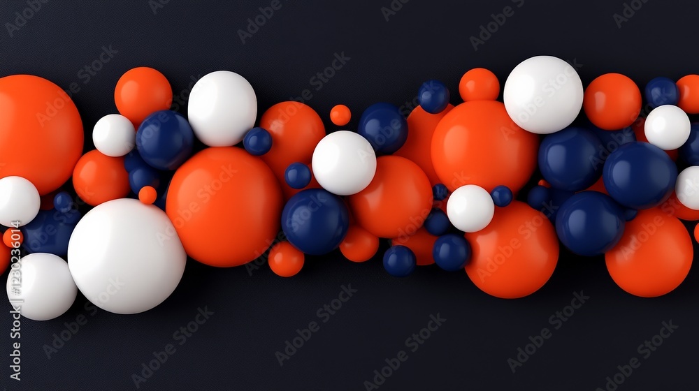 Poster abstract sphere composition: a vibrant arrangement of glossy spheres in navy blue, bright orange, an