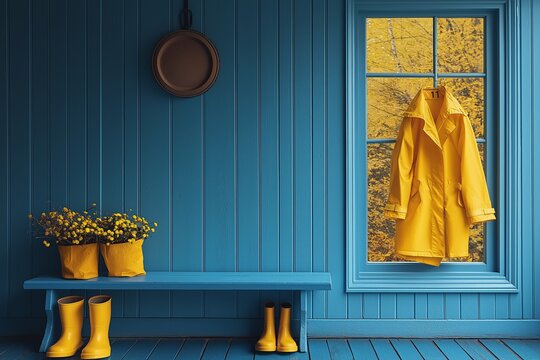 A bright yellow raincoat hanging by the window adds a cheerful touch to this blue room, perfect for rainy days. This cozy scene invites comfort and warmth.