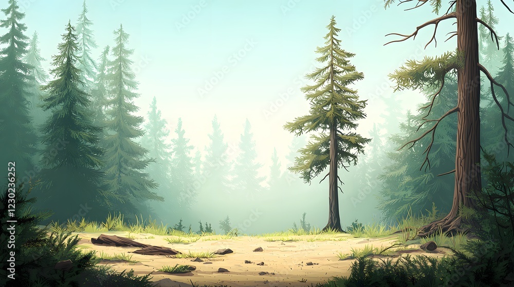Poster captivating misty forest landscape with towering evergreen trees including pine fir and spruce shrou