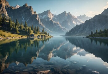 Fototapeta premium Majestic mountains reflected in the calm surface of a serene lake, tranquil, picturesque, solitude
