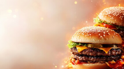 Celebrate National Cheeseburger Day with vibrant, glowing cheeseburgers and cheerful toppings on an elegant background