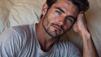 Obraz premium A man with a beard and a mustache is laying down on a bed