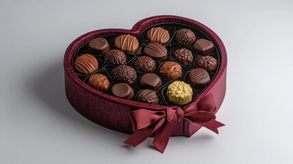 A heart-shaped box filled with an assortment of chocolates, elegantly tied with a ribbon, perfect for gifting on special occasions.