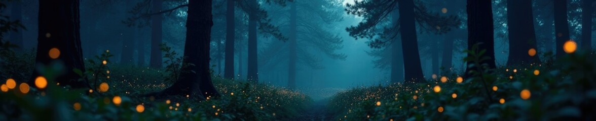 Fototapeta premium Fireflies light up the darkness of a dense forest at dusk, mysterious, nighttime