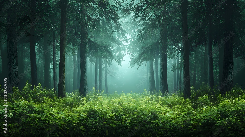 Poster mysterious and enchanting misty forest landscape with dense verdant foliage towering coniferous and 