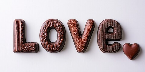 Chocolate letters spell "LOVE" on a white background, showcasing a sweet and romantic theme.