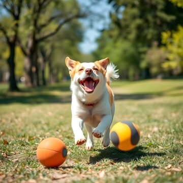 Un perro juguet&oacute;n corriendo tras una pelota en un parque soleado, destacando la alegr&iacute;a, la energ&iacute;a y el v&iacute;nculo entre mascotas y due&ntilde;os.
