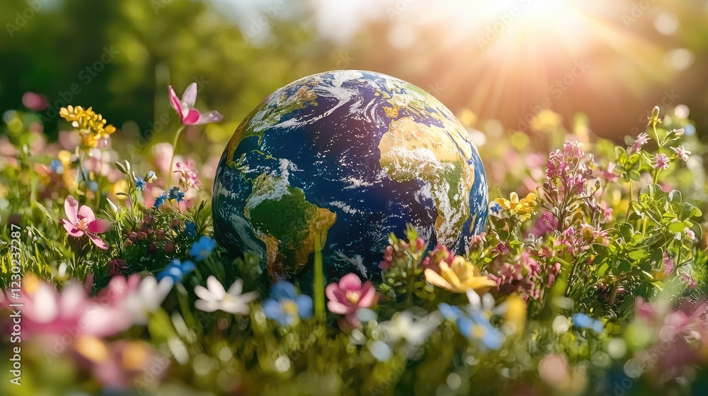 Poster close-up of a globe of earth partially covered with fresh flowers and green foliage, sunlight creati