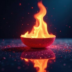 Flickering flames dance on the surface of a censer, liquid, reflective