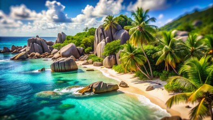 Naklejka premium La Digue Seychelles: Idyllic Beach Scene, Tilt-Shift Miniature Photography