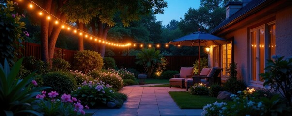 Flickering string lights adorn tranquil backyard oasis under starry evening, string lights, garden, flowers
