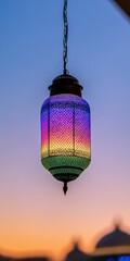 Obraz premium Vibrant Ramadan Lanterns Ornate Rainbow Mesh Against Twilight Sky - Seasonal Celebration and Urban Design Elements for Premium Event Ambience