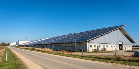 Fototapeta premium Landes France Industrial Solar Panels Rooftop Blue Sky Clean Energy Sustainable Power