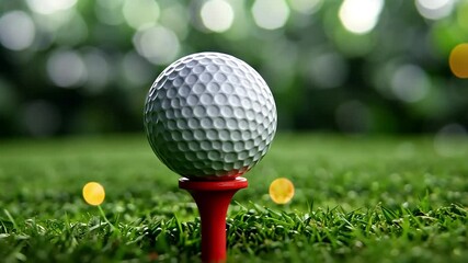 Golf ball on red tee on green grass with blurred background, ideal for sports or leisure content