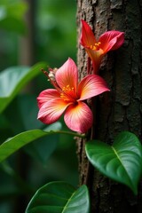 Fototapeta premium Foliage and Apocynaceae flowers on a tropical tree trunk, apocynaceae, tropical
