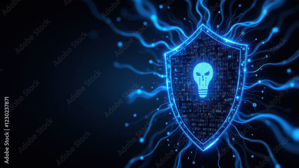 Poster a futuristic shield icon with digital elements and lightning effects, symbolizing internet security.