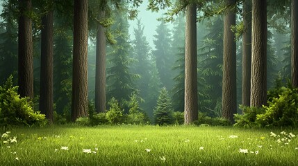 Enchanting Evergreen Forest Landscape with Lush Vegetation and Sunlight Streaming Through the Canopy  Serene peaceful and tranquil scene in a pristine natural environment inviting and relaxation