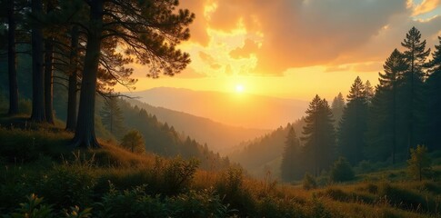 Fototapeta premium Forest landscape bathed in warm golden light at dawn, clouds, bushes