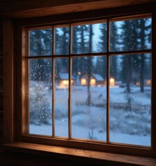 Fototapeta premium Sparkling bokeh lights reflecting off a frosty windowpane in a cozy cabin , sparkling lights, cozy interior, winter evening