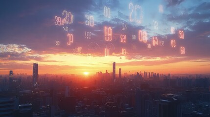 Digital numbers overlay a cityscape during a vibrant, colorful sunset.