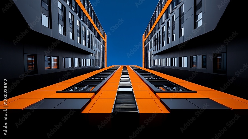 Poster Orange and Gray Modern Architecture: A striking low-angle perspective showcases the sharp lines and bold color contrast of two modern buildings.