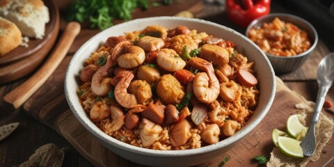 Spicy jambalaya in a large bowl with andouille sausage, chicken, and shrimp, bayou, seafood