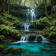 Fototapeta premium A fairytale-like waterfall in a mossy forest, cascading into a turquoise pool surrounded by lush greenery.